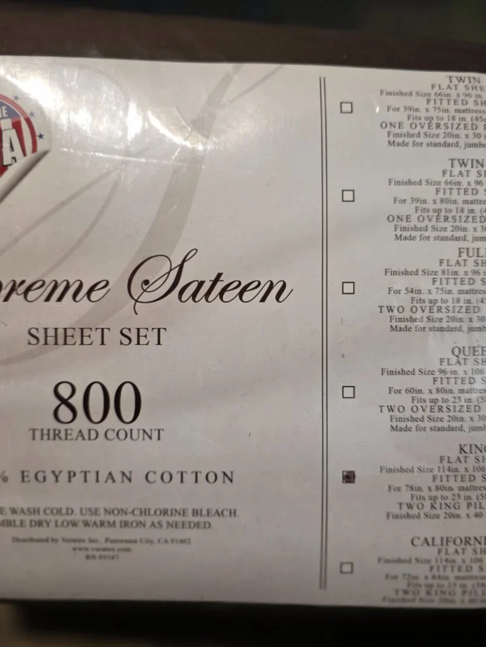 Veratex 800TC Supreme Sateen King Sheet Set (Espresso) - Made in USA